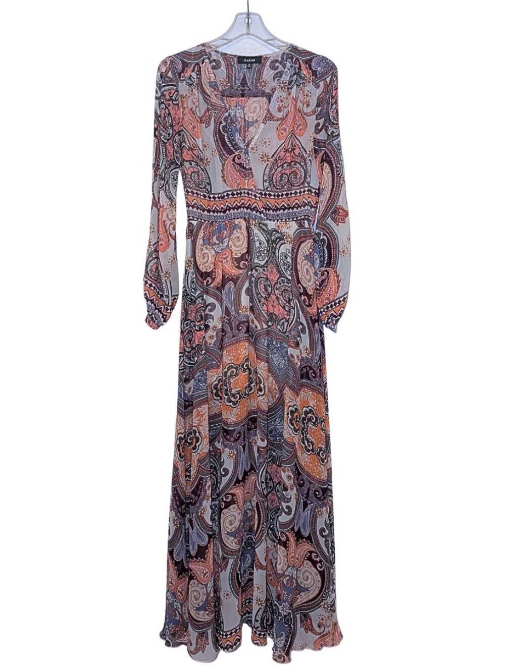 Aakaa Paisley Long Sleeve Maxi Dress - Orange And Purple